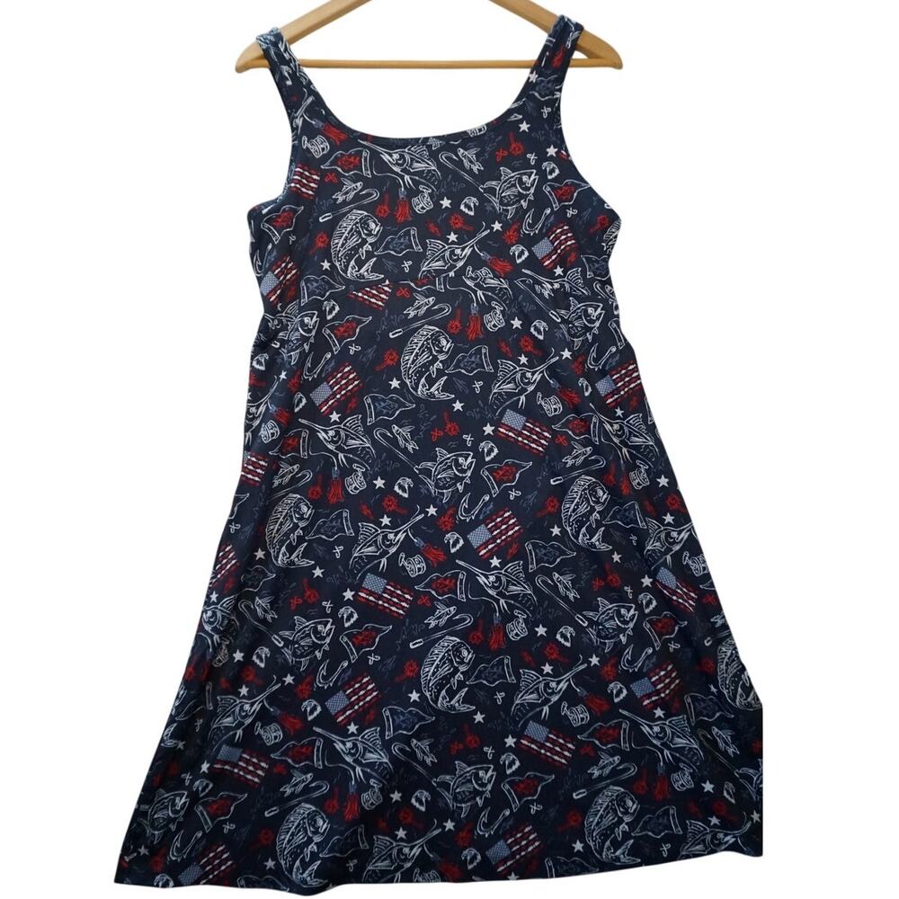 Columbia dress size L blue fishing USA flag print tank dress